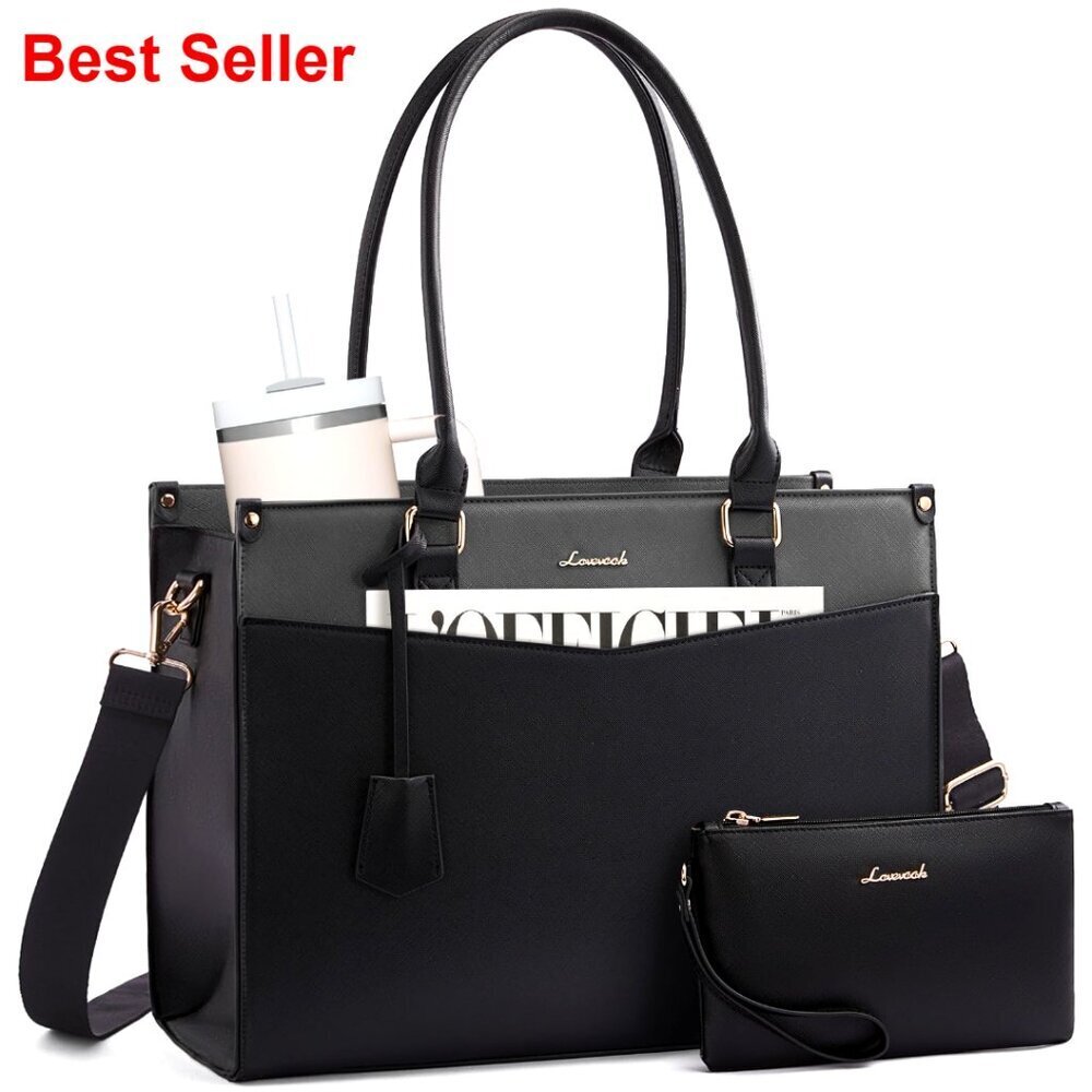 Leather Laptop Tote Bag with Removable Clutch, Waterproof Work Travel